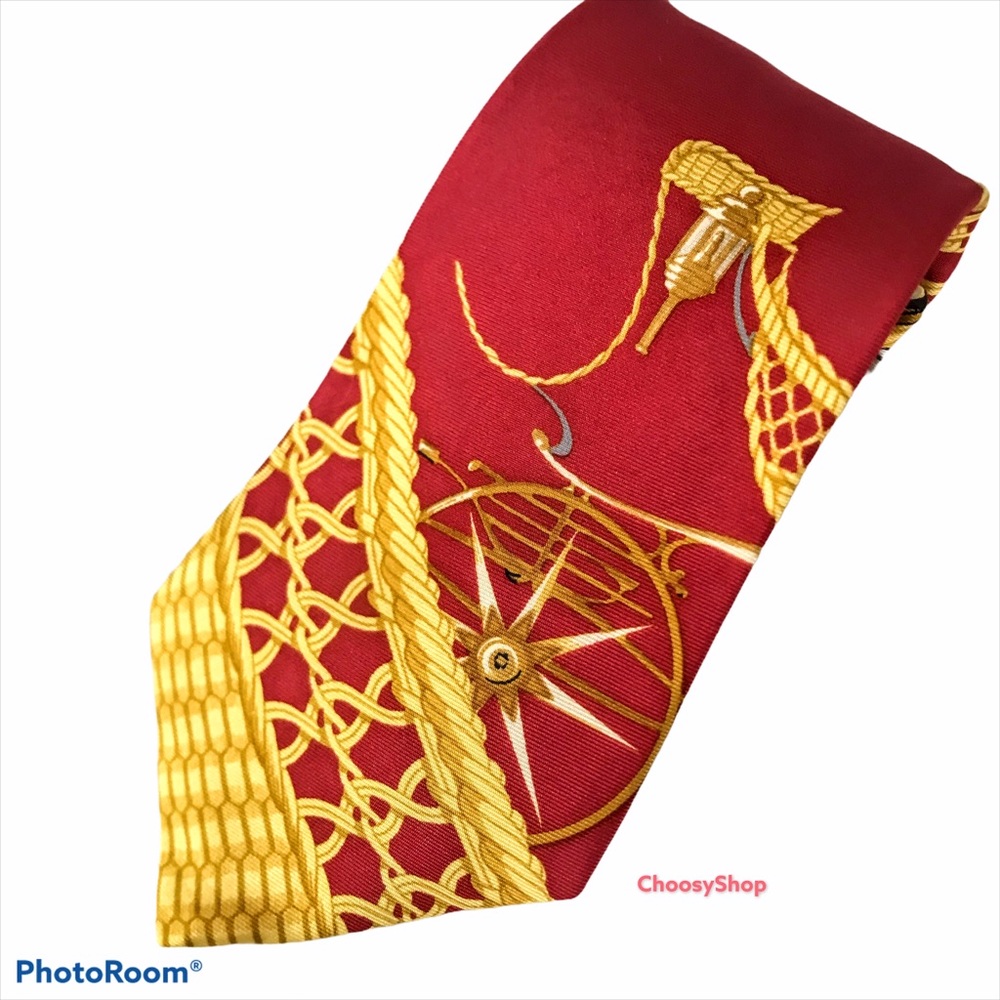 HERMÈS Tie Rare Silk Horse Carriage People Bicycle Chain Red Yellow - Picture 16 of 16